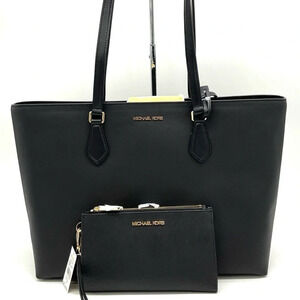 Michael Kors Bag Large Sheila Mf Tote Bag & Large Double Zip Wallet Black/Gold